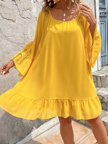 SHEIN VCAY Vestido de manga con volante bajo con fruncido sin cinturón - Amarillo - Ver 5