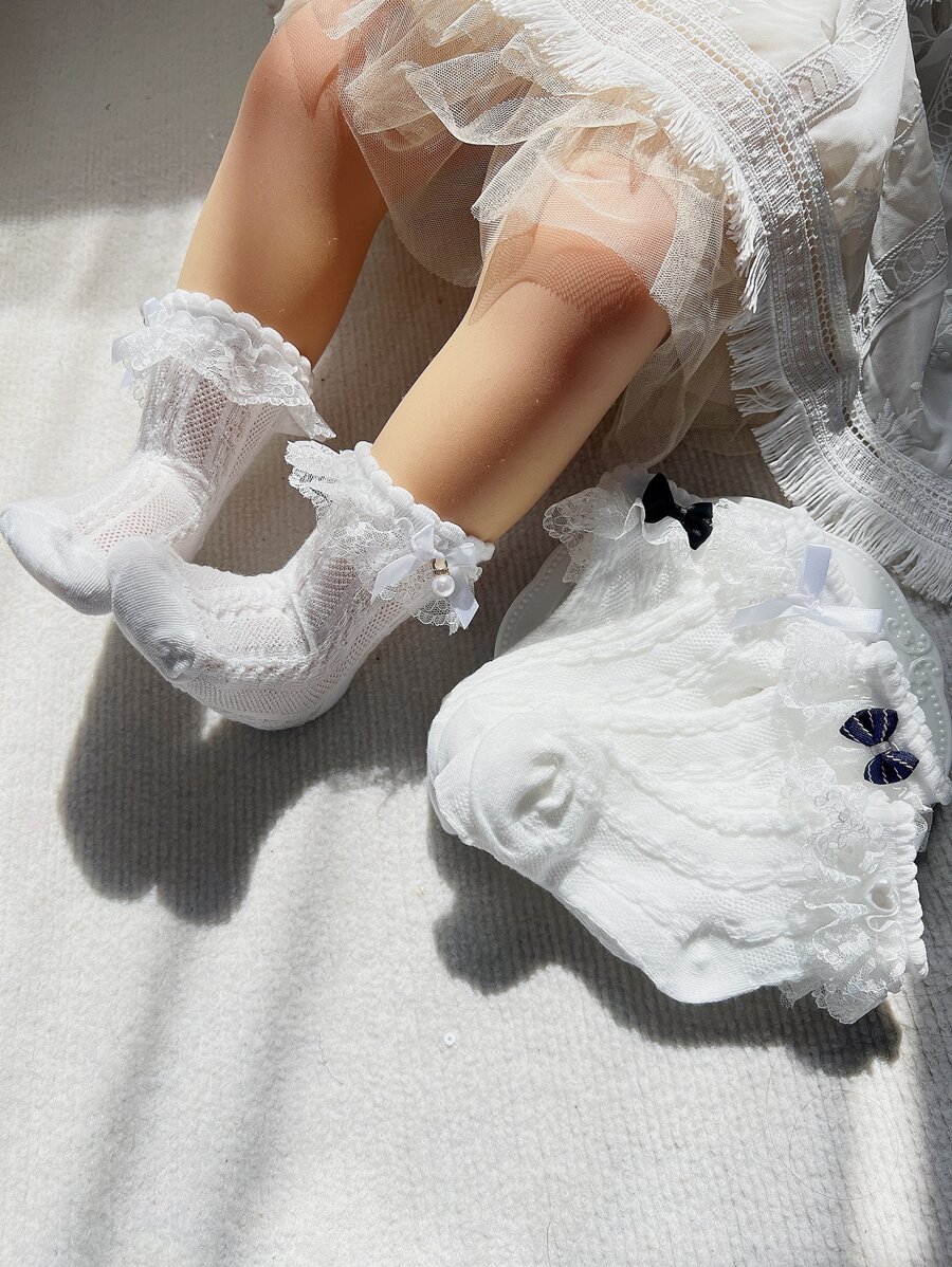 5 đôi Vớ thủy thủ đoàn trang trí nơ cho bé gái mới tập đi - trắng - Xem 1