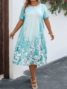 EMERY ROSE Plus Floral Print Tee Dress - Blue - View 3
