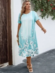 EMERY ROSE Plus Floral Print Tee Dress - Blue - View 5