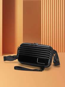 时尚迷你行李箱式斜挎包，硬壳单肩包，防水，适合学生旅行，PVC材质，简约风格，休闲，街头风格，送给男朋友的绝佳礼物，男士斜挎包侧包秋季男士斜挎包圆筒包旧钱圣诞节旅行节日感恩节礼物男士手提包男士礼物黑色包旅行必需品节日必需品露营男士斜挎包夏季返校夏季包春假度假包 - 黑色 - 查看 1