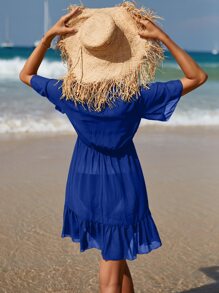 Vestido cover up ribete con encaje bajo con fruncido - Azul - Ver 2