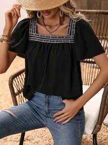 SHEIN LUNE 幾何織帶方領泡泡袖襯衫 - 黑色 - 查看 3