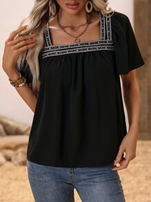 SHEIN LUNE 幾何織帶方領泡泡袖襯衫 - 黑色 - 查看 4