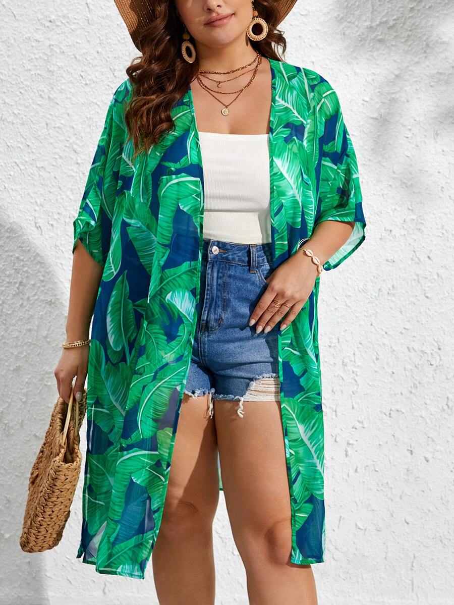 SHEIN VCAY Kimono con estampado tropical de manga murciélago - Multicolor - Ver 1