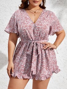 SHEIN VCAY 大碼碎花荷葉邊腰帶連身短褲 - 紅白色 - 查看 4