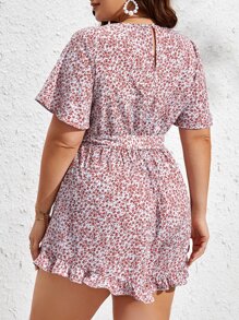 SHEIN VCAY 大碼碎花荷葉邊腰帶連身短褲 - 紅白色 - 查看 2