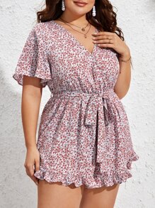 SHEIN VCAY 大碼碎花荷葉邊腰帶連身短褲 - 紅白色 - 查看 3