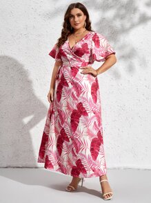 SHEIN VCAY Đầm Plus Size Thắt lưng Trọn gói Nhiệt đới Boho - Đỏ - Xem 3