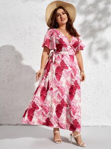 SHEIN VCAY Đầm Plus Size Thắt lưng Trọn gói Nhiệt đới Boho - Đỏ - Xem 4