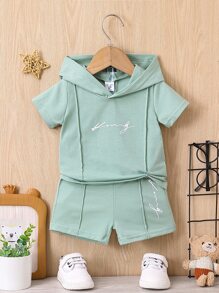 Baby Boys' Letter Printed Hooded T-Shirt And Shorts Set - Mint Green - View 1