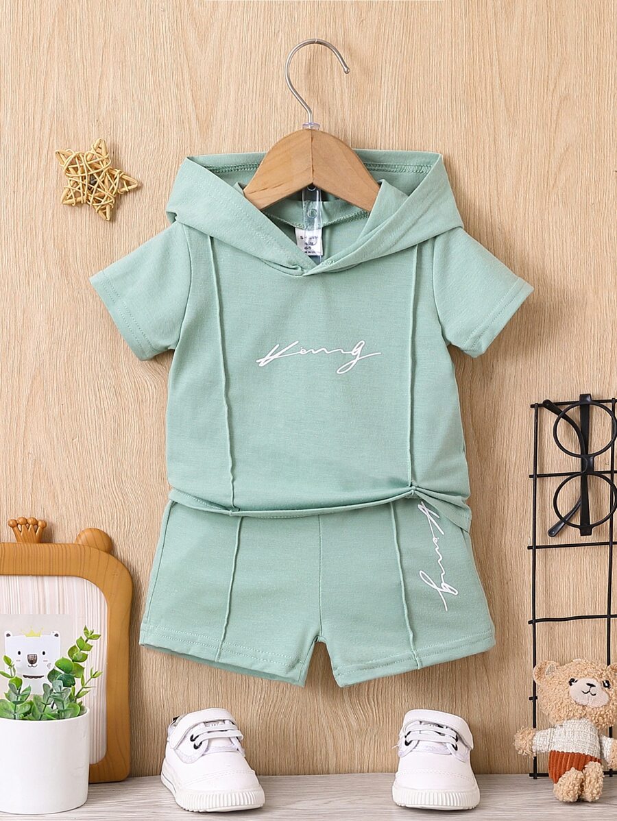Baby Boys' Letter Printed Hooded T-Shirt And Shorts Set - Mint Green - View 1
