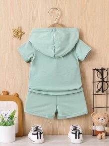 Baby Boys' Letter Printed Hooded T-Shirt And Shorts Set - Mint Green - View 2
