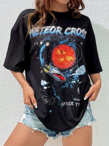 SHEIN Coolane Áo thun nữ Lá thư Thiên hà Giải trí - màu đen - Xem 5