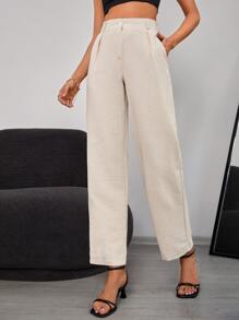EURMUSE Solid Slant Pocket Straight Leg Trousers - Beige - View 1