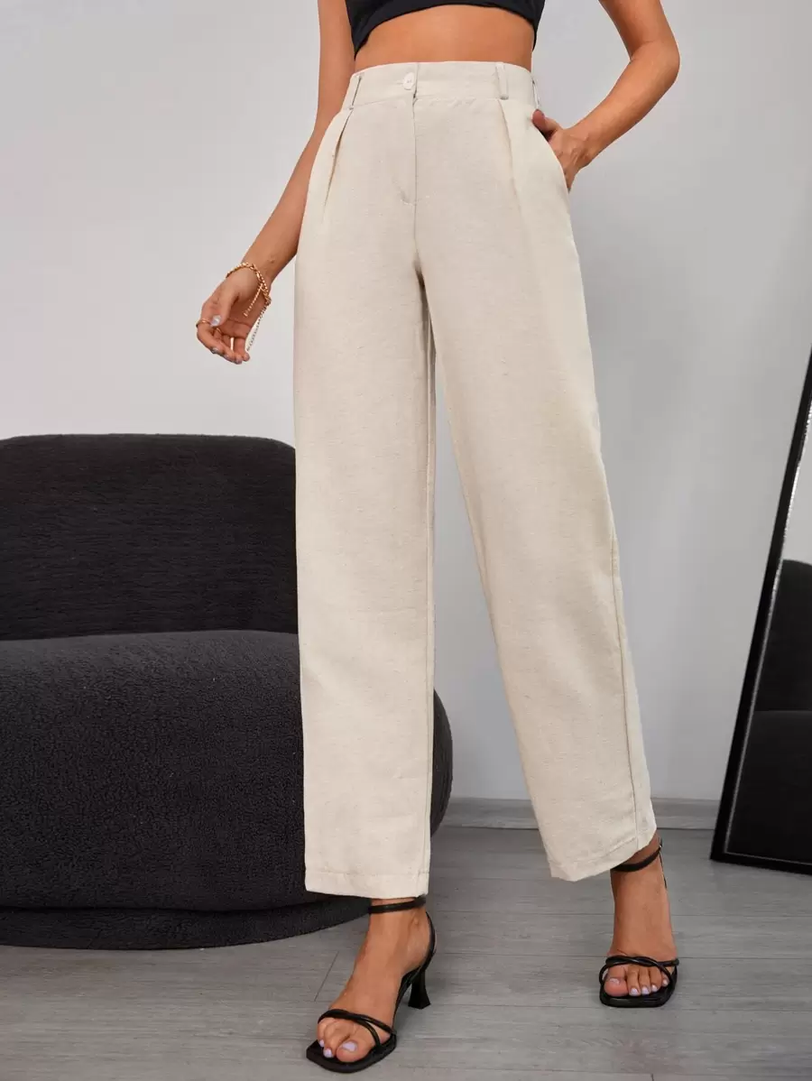 EURMUSE Solid Slant Pocket Straight Leg Trousers - Beige - View 1