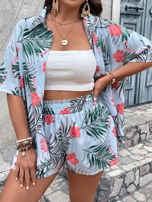 SHEIN Holidaya Plus Tropical Print Drop Shoulder Blouse & Shorts - Baby Blue - View 3