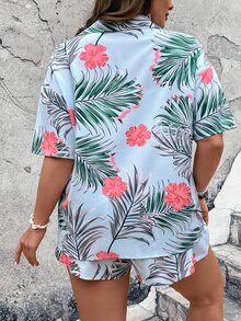 SHEIN Holidaya Plus Tropical Print Drop Shoulder Blouse & Shorts - Baby Blue - View 4