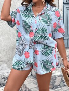 SHEIN Holidaya Plus Tropical Print Drop Shoulder Blouse & Shorts - Baby Blue - View 5