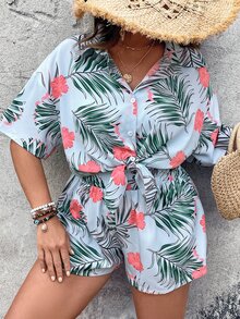 SHEIN Holidaya Plus Tropical Print Drop Shoulder Blouse & Shorts - Baby Blue - View 6