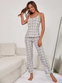 RueChic Women's Grid Patterned Tank Top And Long Pants Pajama Set - Multicolor - View 5