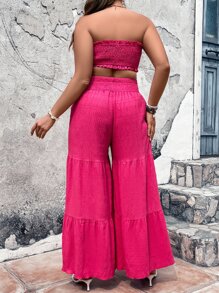 SHEIN Holidaya Plus Frill Trim Tube Top & Ruffle Hem Wide Leg Trousers - Hot Pink - View 4
