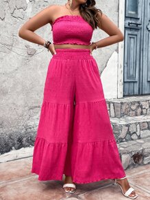 SHEIN Holidaya Plus Frill Trim Tube Top & Ruffle Hem Wide Leg Trousers - Hot Pink - View 2