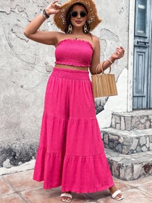 SHEIN Holidaya Plus Frill Trim Tube Top & Ruffle Hem Wide Leg Trousers - Hot Pink - View 5