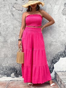 SHEIN Holidaya Plus Frill Trim Tube Top & Ruffle Hem Wide Leg Trousers - Hot Pink - View 1