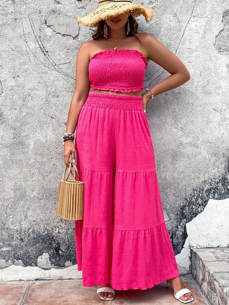 SHEIN Holidaya Plus Frill Trim Tube Top & Ruffle Hem Wide Leg Trousers - Hot Pink - View 1