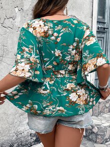 SHEIN Holidaya Plus Floral Print Butterfly Sleeve Belted Blouse - Green - View 4