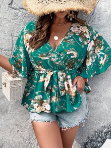 SHEIN Holidaya Plus Floral Print Butterfly Sleeve Belted Blouse - Green - View 2