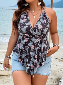 SHEIN Clasi 大碼佩斯利印花後背繫帶掛脖上衣 - 黑色 - 查看 1