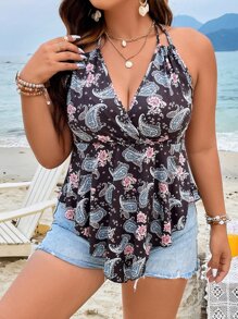 SHEIN Clasi 大碼佩斯利印花後背繫帶掛脖上衣 - 黑色 - 查看 3