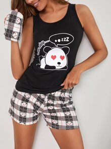 RueChic Bộ đồ ngủ hoạt hình gấu trúc và khẩu hiệu - màu đen - Xem 3