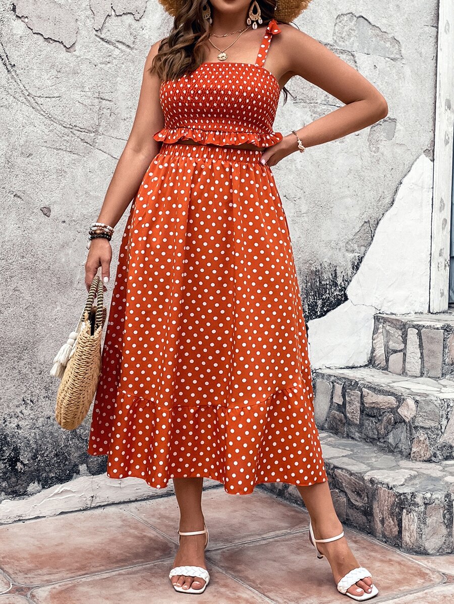 SHEIN Holidaya con estampado de lunares bajo con fruncido Top de tirantes & Falda - Naranja - Ver 1