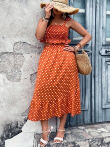 SHEIN Holidaya con estampado de lunares bajo con fruncido Top de tirantes & Falda - Naranja - Ver 3