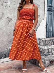 SHEIN Holidaya con estampado de lunares bajo con fruncido Top de tirantes & Falda - Naranja - Ver 4