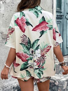 SHEIN LUNE Plus Tropical Print Drop Shoulder Blouse & Shorts - Multicolor - View 2
