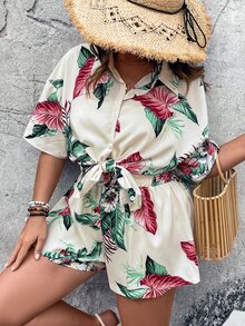 SHEIN LUNE Plus Tropical Print Drop Shoulder Blouse & Shorts - Multicolor - View 3