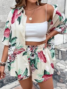 SHEIN LUNE Plus Tropical Print Drop Shoulder Blouse & Shorts - Multicolor - View 5
