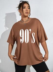 Flirla Plus Letter Graphic Drop Shoulder Tee - Khaki - View 1