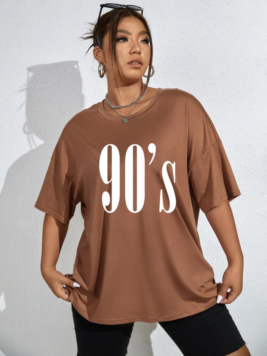 Flirla Plus Letter Graphic Drop Shoulder Tee - Khaki - View 1