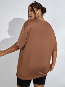 Flirla Plus Letter Graphic Drop Shoulder Tee - Khaki - View 2