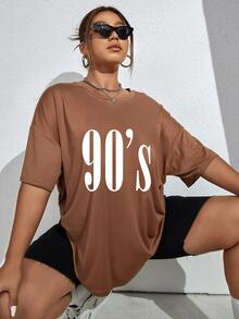 Flirla Plus Letter Graphic Drop Shoulder Tee - Khaki - View 3