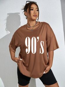 Flirla Plus Letter Graphic Drop Shoulder Tee - Khaki - View 4