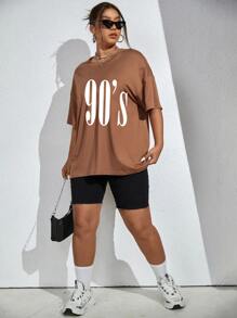 Flirla Plus Letter Graphic Drop Shoulder Tee - Khaki - View 5