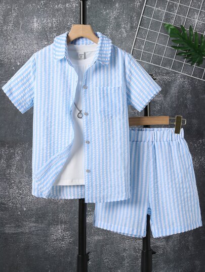 SHEIN Tween Boy Randigt Tryck Påsydda Fickor Skjorta & Shorts Utan T-shirt