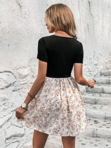 SHEIN LUNE Floral Print Two Tone Dress Without Belt - Multicolor - View 2