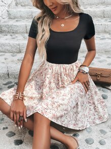 SHEIN LUNE Floral Print Two Tone Dress Without Belt - Multicolor - View 3